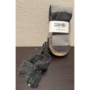 MUK LUKS Womens Slipper Socks Shoe Size L/XL Shoe 8-10 Gray Tan Warm Luk-Ees
